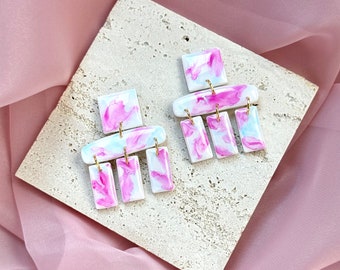 BUBBLEGUM WATERCOLOR SQUARE | Fringe Dangle Earrings | Watercolor Earrings | Clay Jewelry | Cute Earrings | Candy For Your Ears