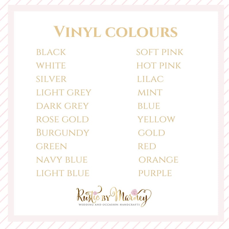 Peut inclure: Une liste de couleurs de vinyle pour des projets d'artisanat. Les couleurs comprennent le noir, le blanc, l'argent, le gris clair, le gris fonc&eacute;, l'or rose, le bordeaux, le vert, le bleu marine, le bleu clair, le rose p&acirc;le, le rose vif, le lilas, la menthe, le bleu, le jaune, l'or, le rouge, l'orange et le violet.