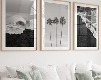 Set of 3 Coastal Prints | Ocean Triptych | Beach House Photo Gallery Wall | Black and White Photography | Ocean, Palm Trees, Wave Wall Art