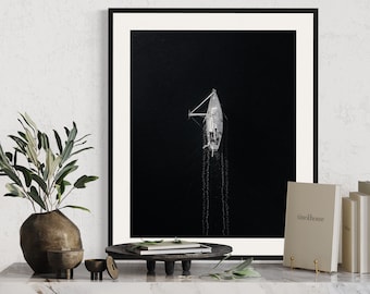 Black & White Sailboat Print | Aerial California Sailing Print, Minimalistic Nordic Photo, Coastal Wall Art Photography, Nautical Home Decor