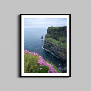 Cliffs of Moher Ireland Framed Wall Art, Irish Atlantic Pink Flowers Photography, Wild Atlantic Way Photo Print, Housewarming Home Decor