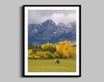 Pferde und Berge Druck, Colorado Herbst Fotografie gerahmt, Wandkunst, Landwirtschaft und Viehzucht Wohnkultur Foto Kunstwerk, Vatertagsgeschenk