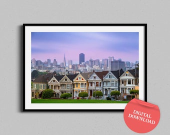 Painted Ladies Digital Download Photograph, San Francisco Victorian Homes Printable Wall Art, California Cityscape, Bathroom Artwork