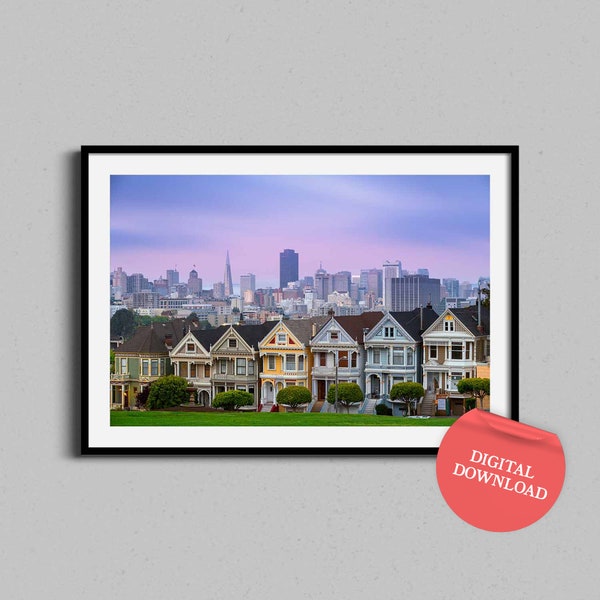 Painted Ladies Digital Download Photograph, San Francisco Victorian Homes Printable Wall Art, California Cityscape, Bathroom Artwork