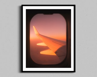 Airplane Window Seat Framed Photography Print, Plane Wing Wall Art, Luxury Travel Orange Sunset Fine Art, Housewarming or Father&#39;s Day Gift