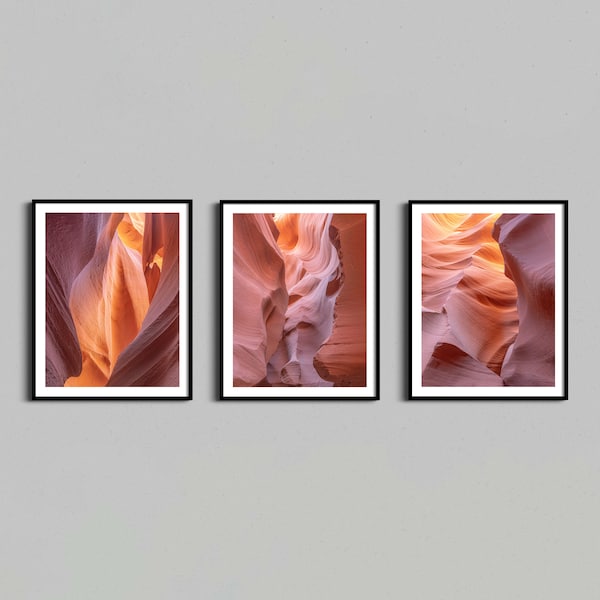 Ensemble de 3 impressions encadrées d'Antelope Canyon, grande photographie d'art triptyque, mur de galerie de photos de paysage chaud du sud-ouest du désert de l'Arizona