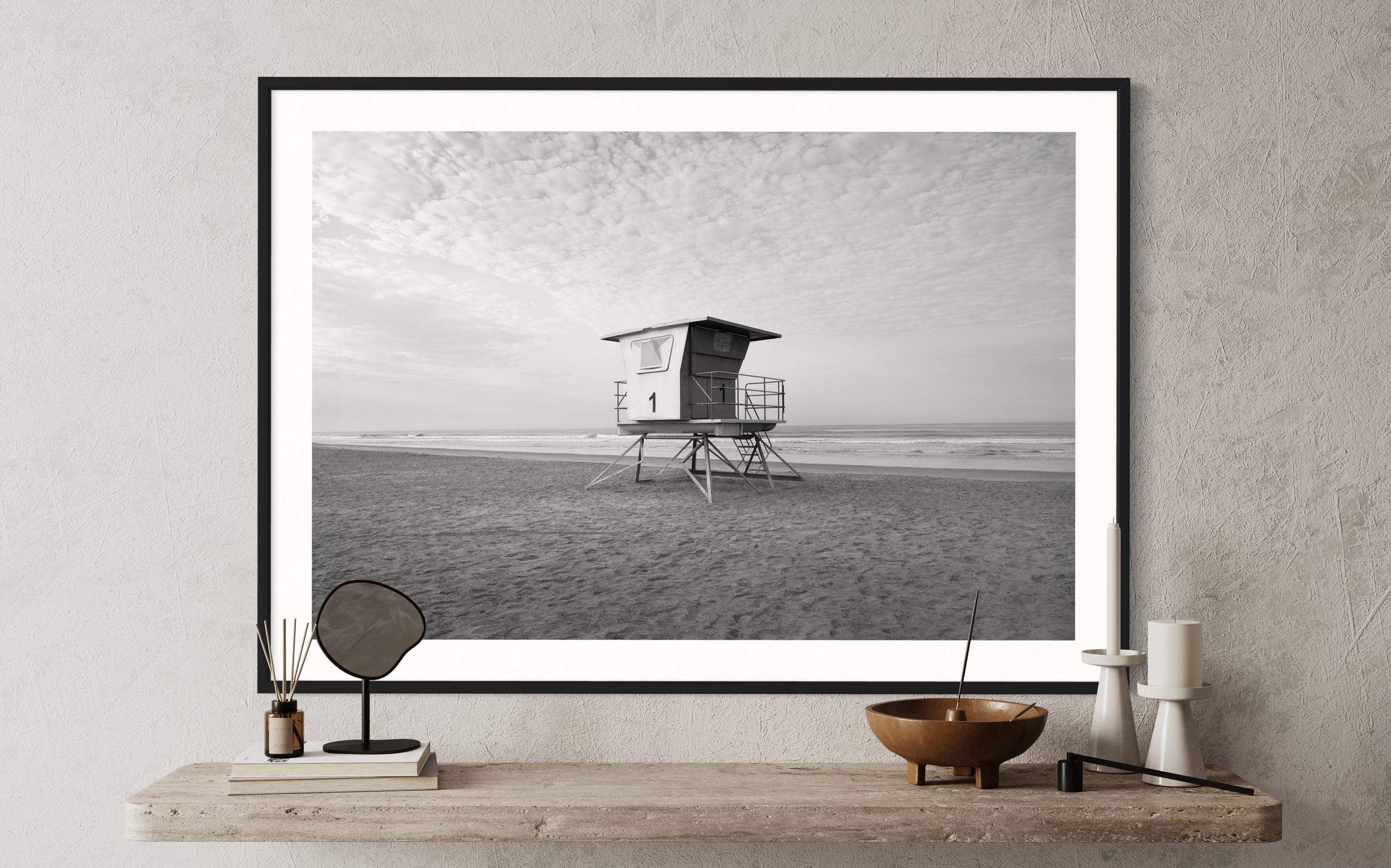 Lifeguard Stand Wall Art | Coastal California Beach | Ocean Photography Print | Black & White Artwork, Coastal Home Decor, Framed Surf Photo