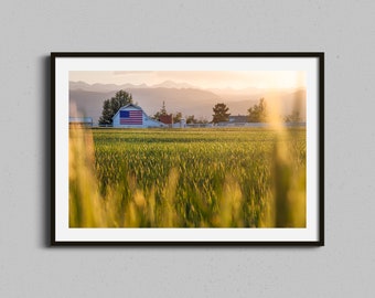 Landelijke muurkunst | Fotoafdruk van schuur | Amerikaanse vlag boer rancher cadeau | Boerderijdecoratie VS | Foto Onafhankelijkheidsdag 4 juli