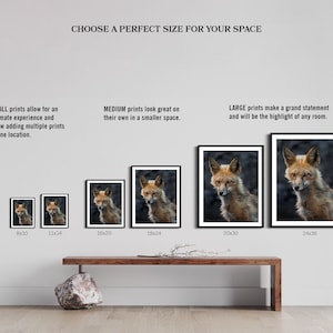 May include: A comparison of different sizes of framed prints featuring a red fox. The prints are displayed on a white wall with a wooden shelf underneath. The text "CHOOSE A PERFECT SIZE FOR YOUR SPACE" is at the top of the image. The sizes of the prints are listed below each frame: 8x10, 11x14, 16x20, 18x24, 20x30, and 24x36.