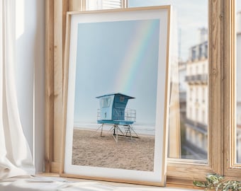 Arte mural costero / Arte de playa de California / Fotografía de torre de salvavidas / Impresión de olas de San Diego / Impresión artística de arcoíris oceánicos / Decoración del hogar boho chic