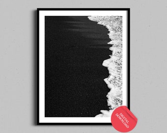 Black Sand Beach Digital Download Wall Art, Black & White Photography Printable, Ocean Waves Coastal Landscape Nature Home Decor for Office