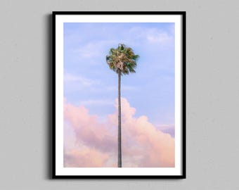 Californische palmboomprint | Pastelkleurige zonsondergang kustmuurkunst