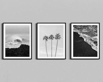 Set of 3 Beach Prints | Coastal Triptych | Ocean Photo Gallery Wall Art, Coastal Home Decor | Palm Trees, Waves Artwork | Black White Photos