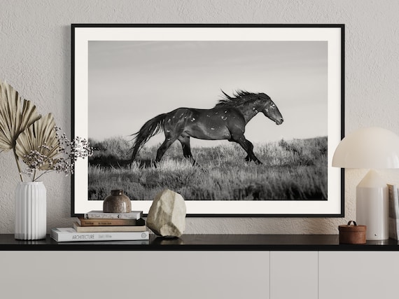 Running Horse Wall Art, Wild Horse Photography, Black and White Print, Cowboy Home Decor, Western Farmhouse Framed Photo, Equestrian Artwork