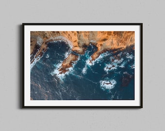 Big Sur California Wall Art, Beach and Ocean Aerial Sunset Print, Coastal Home Decor Framed Print, Coastal Photography, Blue and Orange Art
