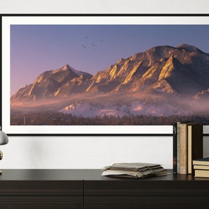 Boulder Flatirons Framed Wall Art, Colorado Panoramic Mountains Photography Print, Morning Sunrise Landscape Photo, Wide Pano Home Decor