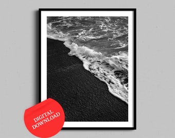 Black Sand Beach Digital Download | Black & White Coastal Printable Art | Abstract Ocean Waves | Iceland Nordic Scandinavian Decor
