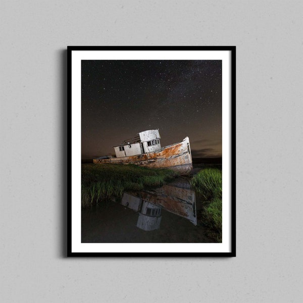 Point Reyes Shipwreck Wall Art, Old Boat Home Decor, California Coastal Night Abandoned Ship Framed Photo Print, Living Room Photograph