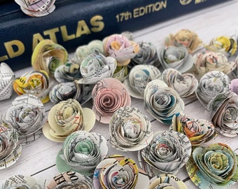 Map/Atlas paper flowers | PENNY SIZE | sets of 12 | party | table scatter | centerpieces | vintage wedding