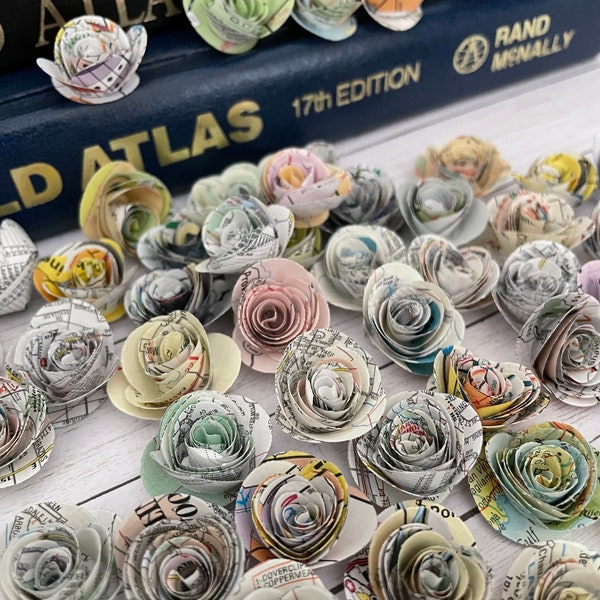 Map/Atlas paper flowers | PENNY SIZE | sets of 12 | party | table scatter | centerpieces | vintage wedding