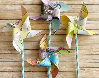 Oh, the Places You'll Go storybook page paper windmills | set of 4 | Dr. Seuss repurposed books | non-spinning | decorative | pinwheels