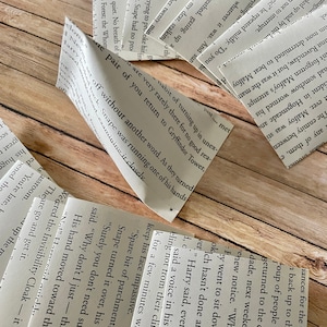 May include: A collection of folded book pages, some with visible text, arranged on a wooden surface. The pages are from a book, with text from the story visible. The pages are folded into a decorative shape.