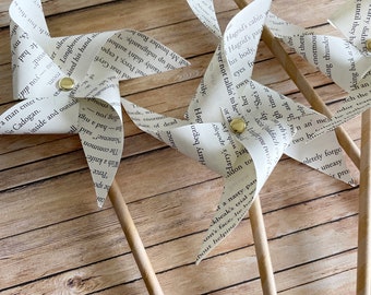 Book Page pinwheels | literary paper windmills | set of 4 | non-spinning | decorative