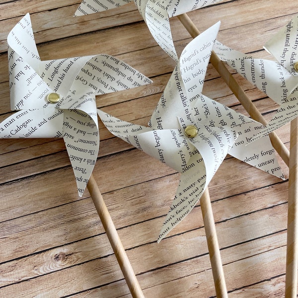 Book Page pinwheels | literary paper windmills | set of 4 | non-spinning | decorative