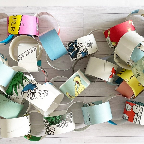 Dr. Seuss storybook page paper chain garland kit | repurposed Dr. Seuss books | DIY