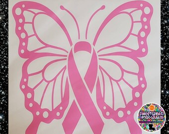 Pink Butterfly Ribbon Vinyl Decal: Breast Cancer Awareness Car Sticker
