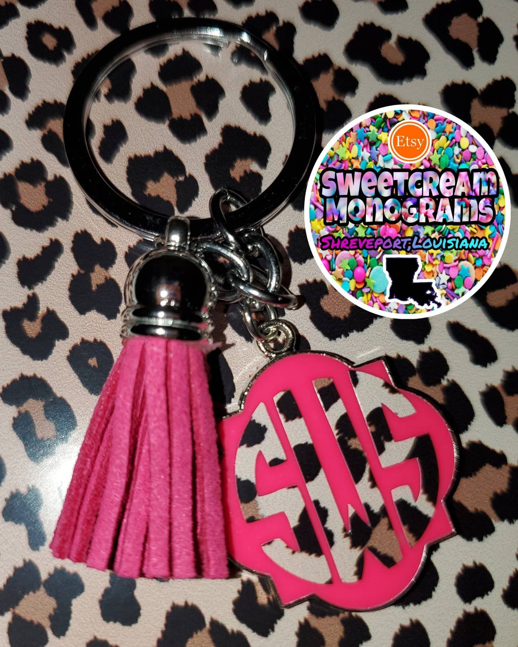 pink monogram keychain