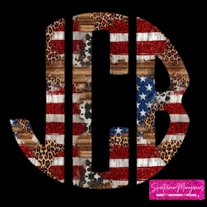 May include: A monogram design featuring the letters "JCB" in a patriotic theme. The design incorporates the American flag, wood grain, and leopard print patterns. The background is black, and the design includes the text "Sweetcream Monograms".