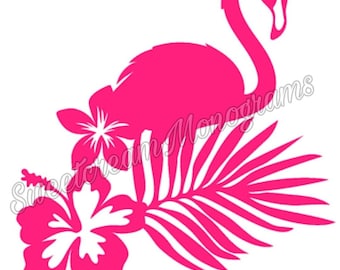 May include: Pink flamingo silhouette with a tropical leaf and two pink hibiscus flowers. The flamingo is standing on the leaf and the flowers are on the bottom left of the image.