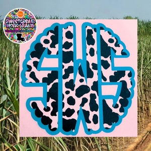 May include: A pink and black cow print monogram with a turquoise outline. The monogram is in the shape of a circle and the letters are "SW" in a bold font.