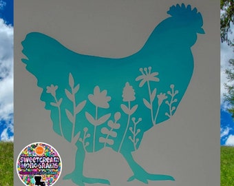 Floral Chicken Car Decal: Farm Animal Vinyl Sticker