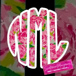 May include: A monogram design featuring the letters NML in a white outline. The letters are filled with a pink floral pattern with green leaves. The background is a mix of pink and green floral patterns. A pink glitter banner at the bottom reads "Sweetcream Monograms".