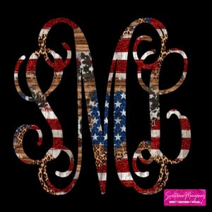 May include: A monogram design in the shape of the letter "M" against a black background. The letter is filled with a combination of American flag stripes, stars, wood grain, and leopard print patterns. The design includes the text "Sweet Southern Monograms".