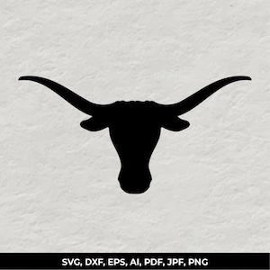 May include: A solid black silhouette of a longhorn steer head featuring prominent, wide-curving horns. The graphic is centered against a light gray, textured background. Below the image, the text reads: SVG, DXF, EPS, AI, PDF, JPF, PNG.