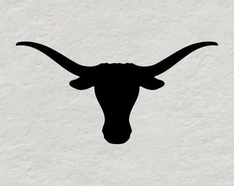 May include: A solid black silhouette of a longhorn steer head featuring prominent, wide-curving horns. The graphic is centered against a light gray, textured background. Below the image, the text reads: SVG, DXF, EPS, AI, PDF, JPF, PNG.