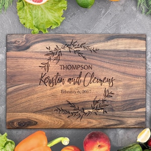 Engraved cutting board – Custom engraved names and date in maple, walnut or oak, Personalized wedding keepsake