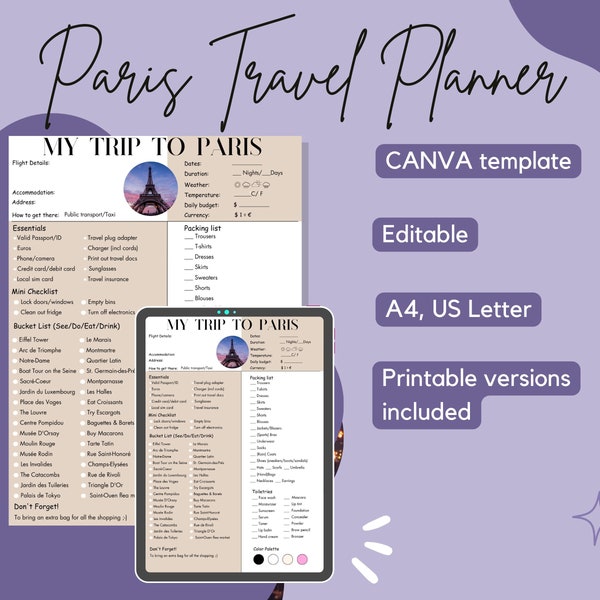 Editable One Page Paris Travel Canva Template - The Ultimate Travel Planner and Bucket List - Minimalist planner