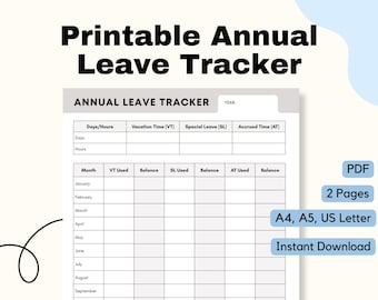 Annual Leave Tracker, Vacation Time Tracker, Paid Time Off Log, Printable sheets for work