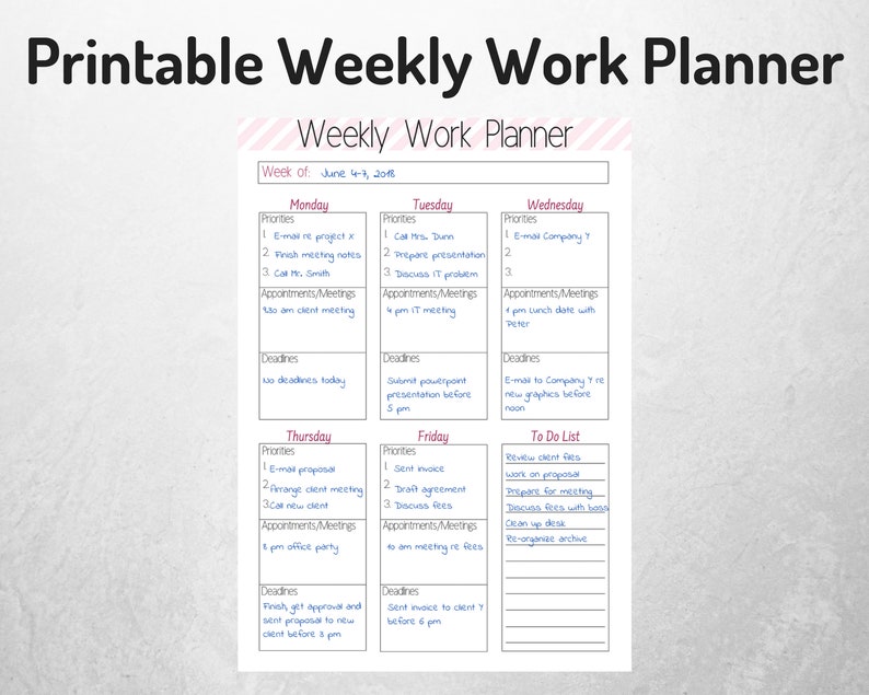 Weekly Work Organizer Weekly Planner Work Planner Printable - Etsy