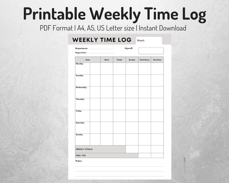 Weekly Time Log Printable Time Sheets for employees Work | Etsy