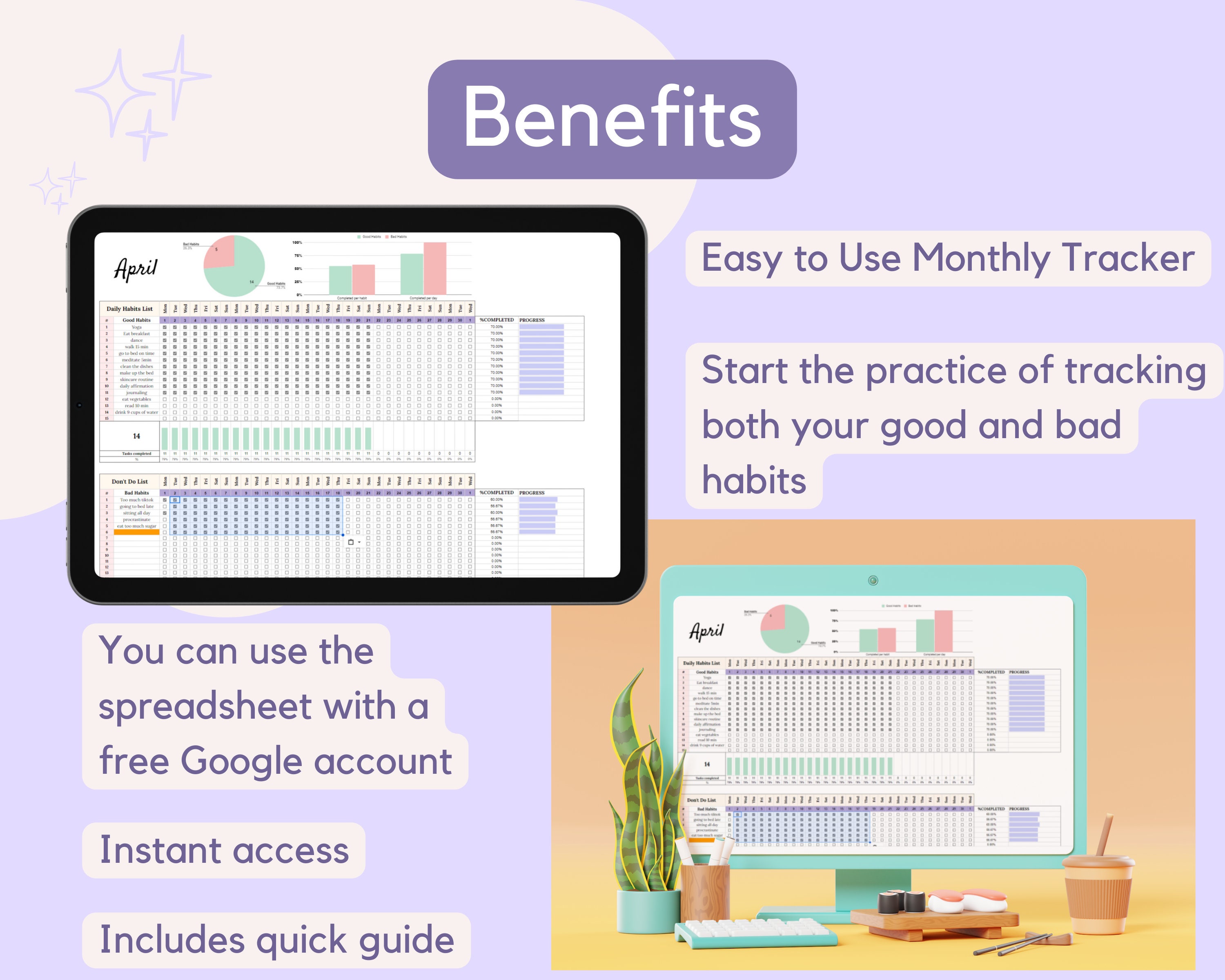 Habit Tracker Google Sheet, Spreadsheet to Track Daily Good and Bad ...