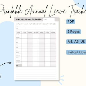 Annual Leave Tracker, Vacation Time Tracker, Paid Time Off Log, Printable sheets for work