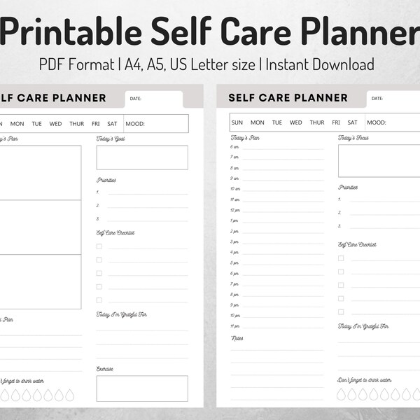 Self Care Planner Gray | Daily Meal Planner | Daily self care checklist | Printable planner