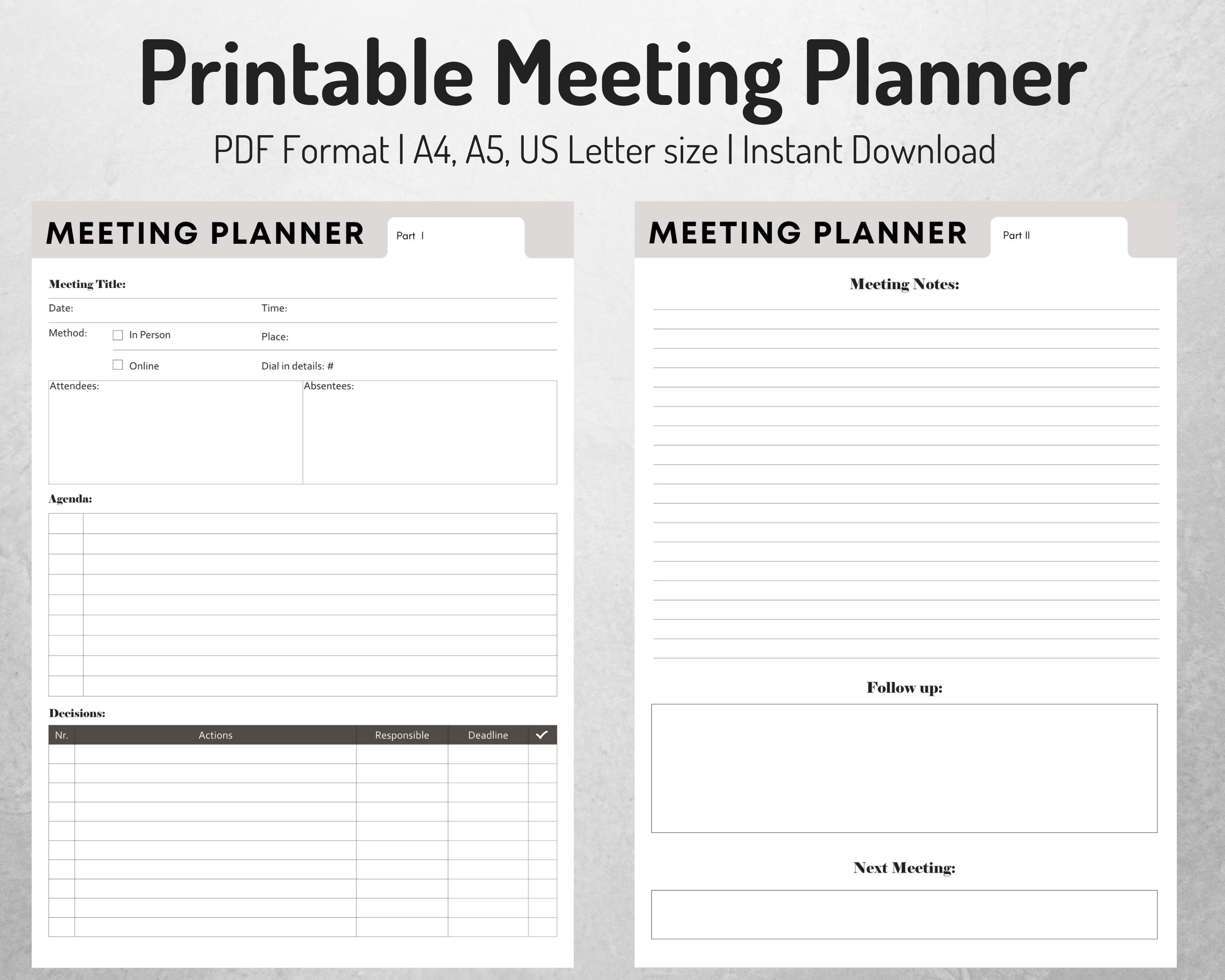 Meeting Planner Printable Meeting Notes Etsy