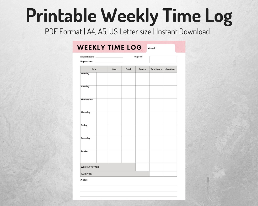 Pink Marble Weekly Time Log Printable Time Sheets for Employees Work ...