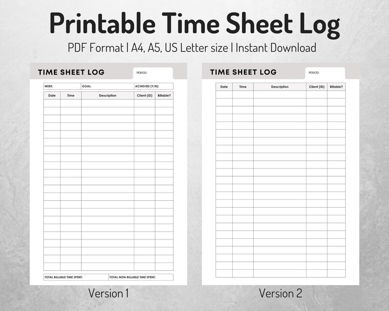 Time Sheet Log for freelancers Printable Time Sheets for | Etsy